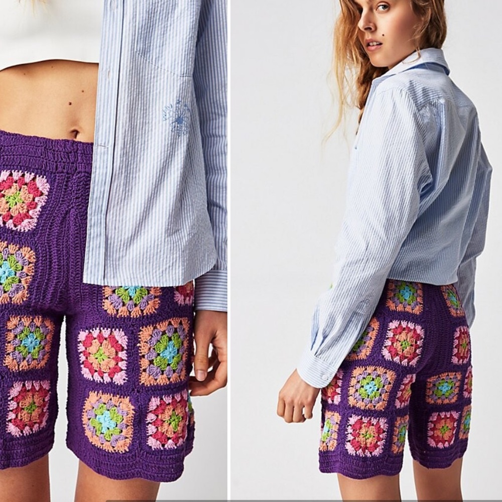 New Flook x FP Frances Long XS Purple Granny Square Crochet HighRise Boho Shorts